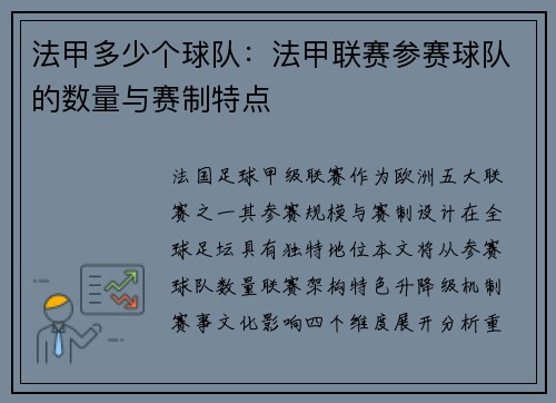 法甲多少个球队：法甲联赛参赛球队的数量与赛制特点